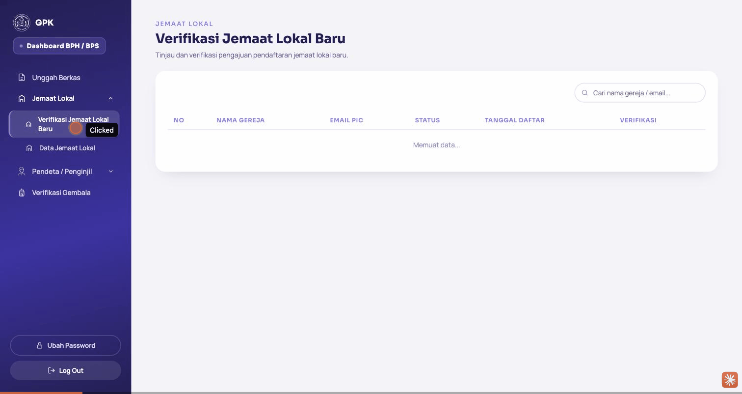 Rekaman layar membuka menu Verifikasi Jemaat Lokal Baru, melihat detail pengajuan, lalu menyetujui