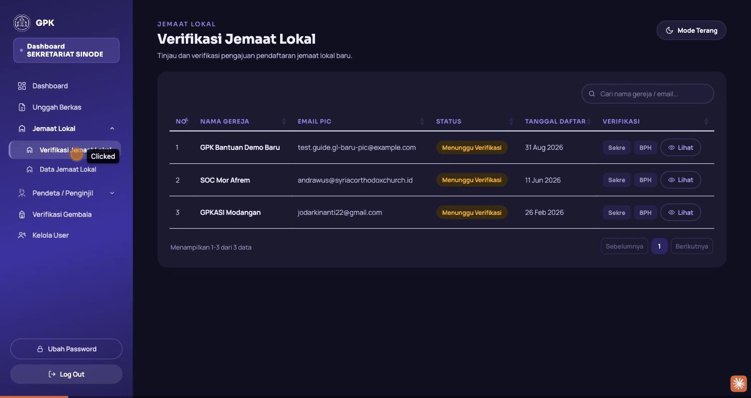 Rekaman layar membuka menu Verifikasi Jemaat Lokal Baru, melihat detail pengajuan, lalu menyetujui
